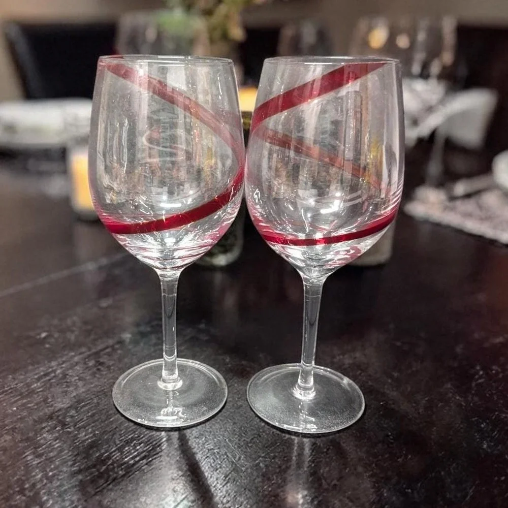 Pier 1 Red Swirline Wine Glasses, Set‎ Of 2, Vintage Clear Stemware, Replacement
